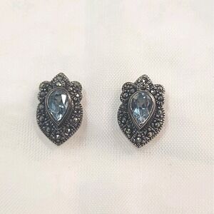 Marcasite Blue Topaz Goth Stud Earrings 925 Sterling Silver Charles Winston VTG